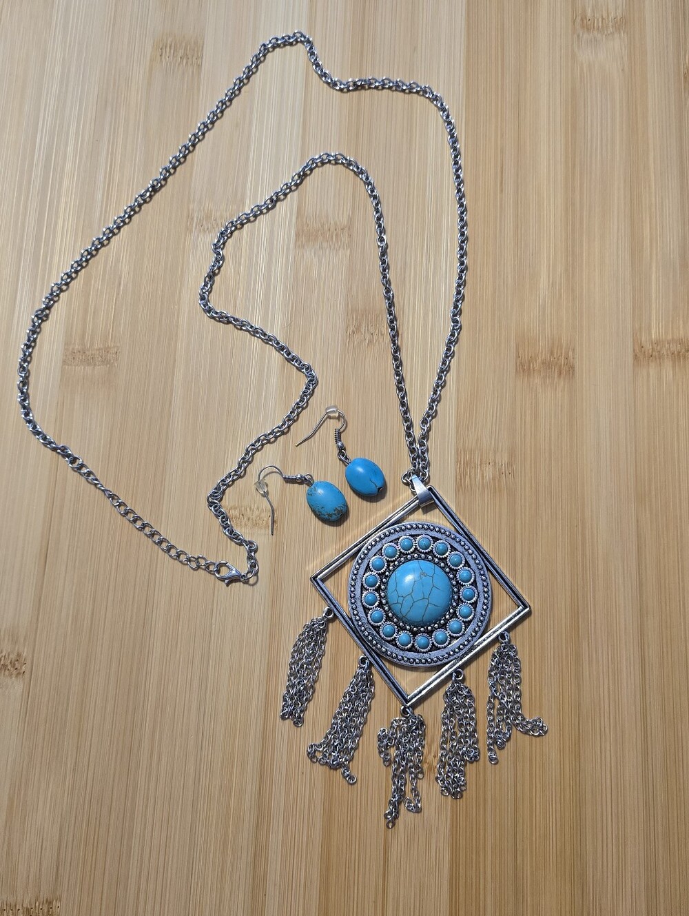 Sandstone Solstice Blue Turquoise Faux Stone Silver Tassel Pendant Necklace Set